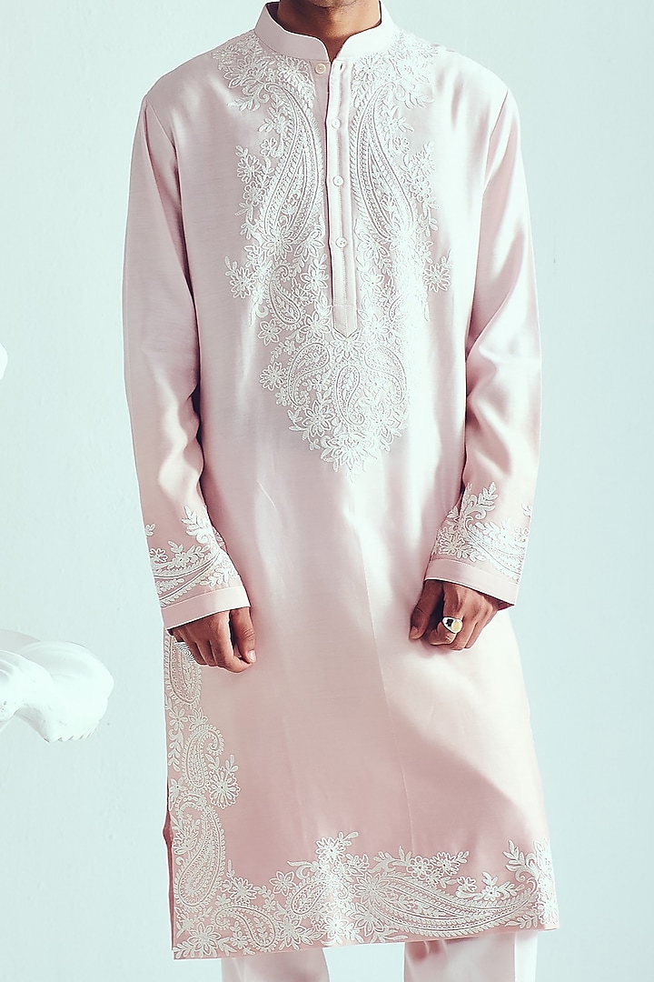 Powder Pink Chanderi Dori Embroidered Handloom Kurta Set by Wabi Sabi Men at Pernia's Pop Up Shop