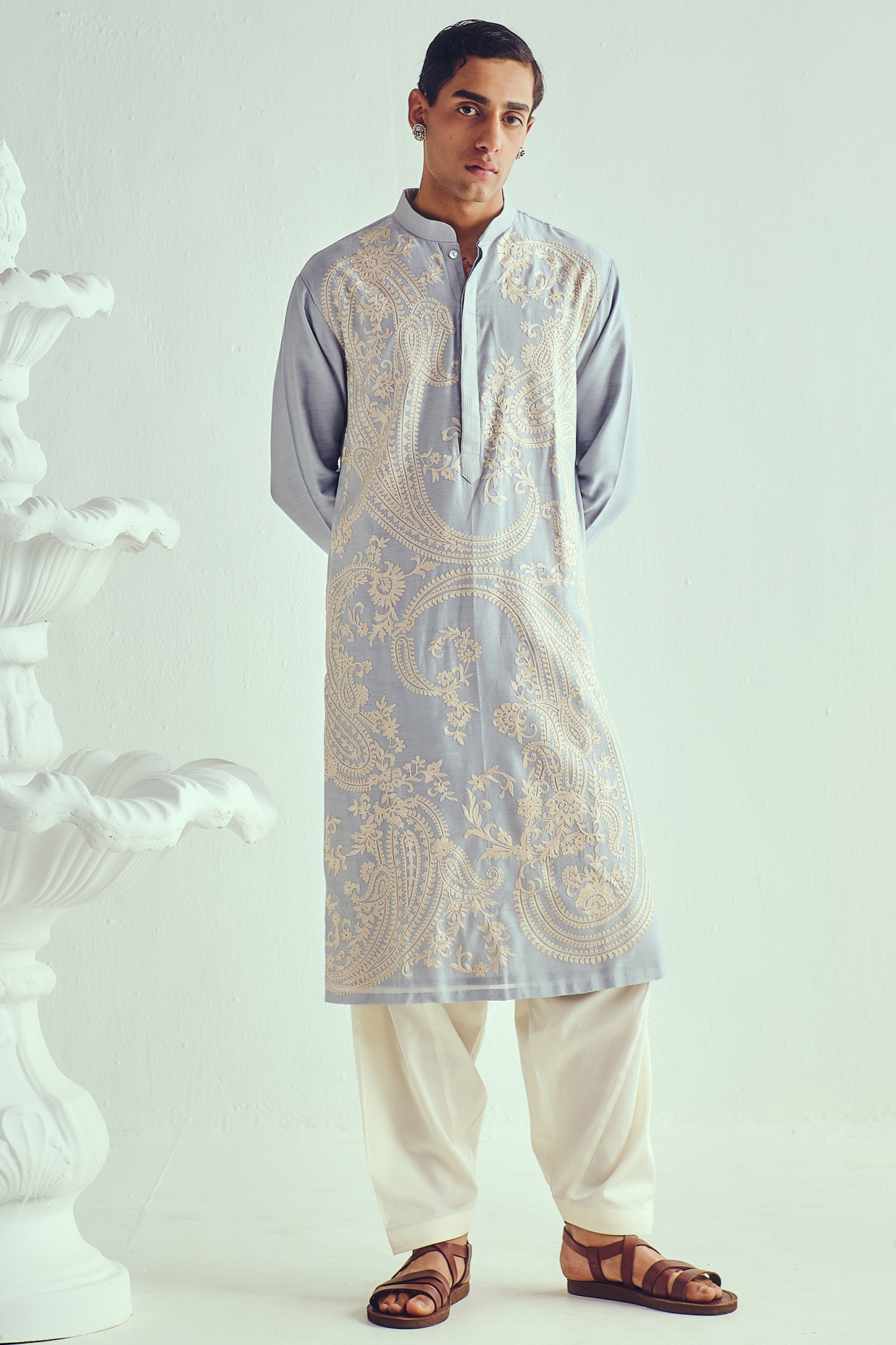 Powder Blue Chanderi Aari Embroidered Handloom Kurta Set by WABI SABI