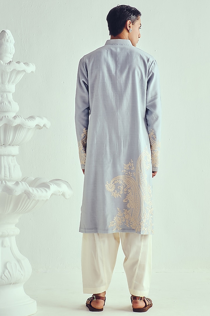 Powder Blue Chanderi Aari Embroidered Handloom Kurta Set by Wabi Sabi Men at Pernia's Pop Up Shop