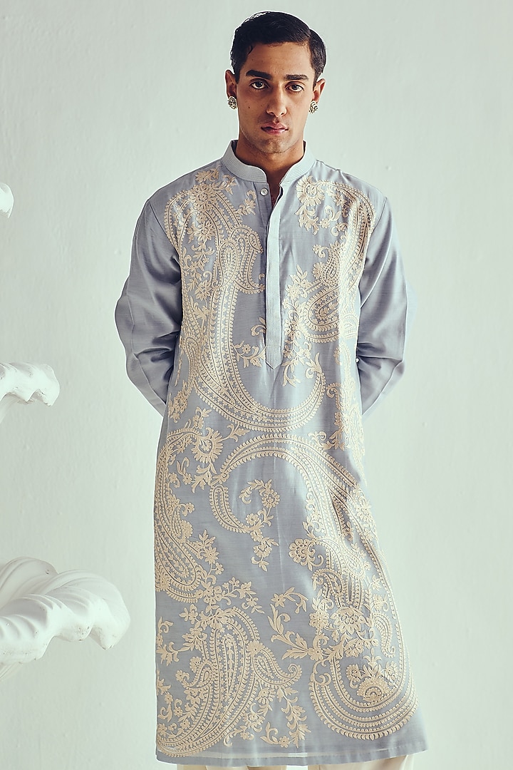 Powder Blue Chanderi Aari Embroidered Handloom Kurta Set by Wabi Sabi Men at Pernia's Pop Up Shop