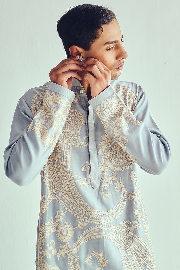 Powder Blue Chanderi Aari Embroidered Handloom Kurta Set by Wabi Sabi Men at Pernia's Pop Up Shop