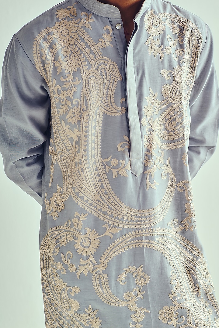 Powder Blue Chanderi Aari Embroidered Handloom Kurta Set by Wabi Sabi Men at Pernia's Pop Up Shop