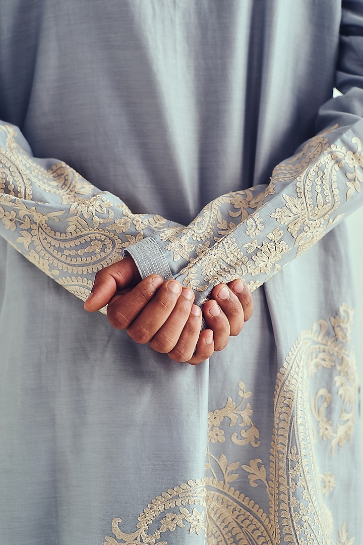 Powder Blue Chanderi Aari Embroidered Handloom Kurta Set by Wabi Sabi Men at Pernia's Pop Up Shop
