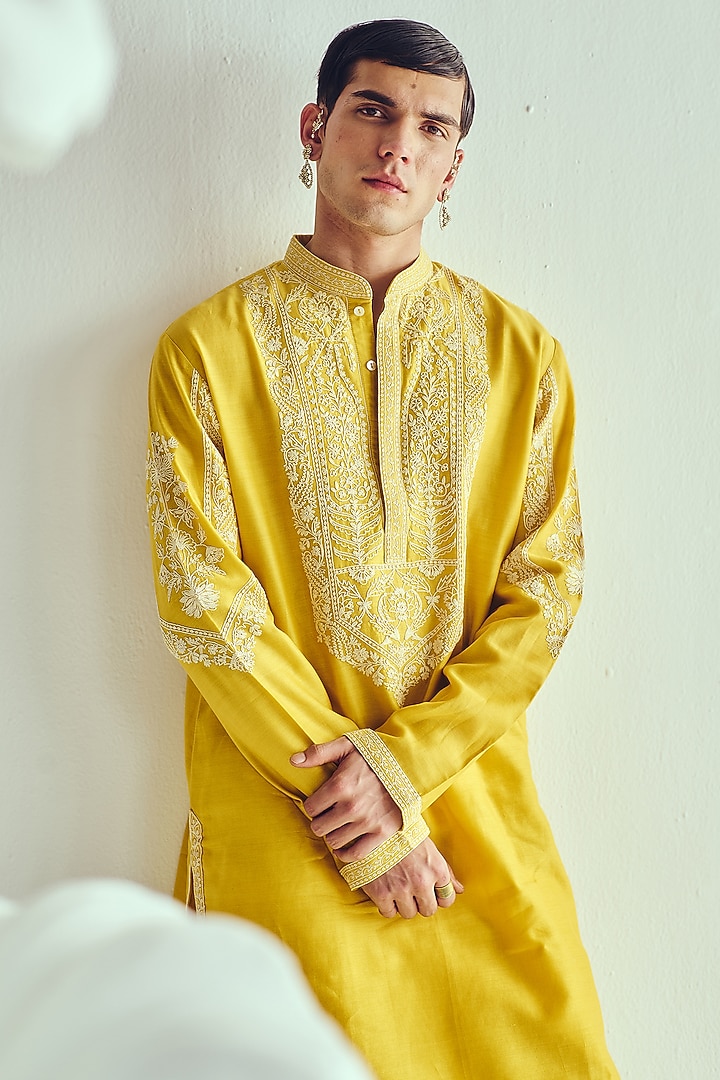 Mustard Yellow Chanderi Dori Embroidered Handloom Kurta Set by Wabi Sabi Men at Pernia's Pop Up Shop