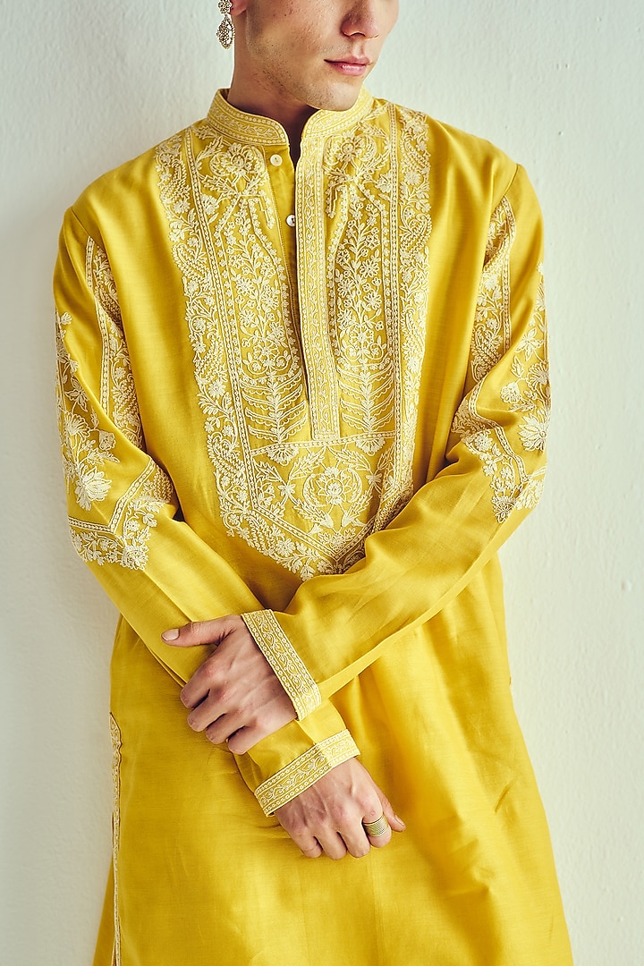 Mustard Yellow Chanderi Dori Embroidered Handloom Kurta Set by Wabi Sabi Men at Pernia's Pop Up Shop