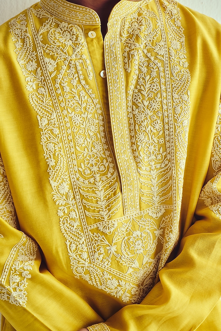 Mustard Yellow Chanderi Dori Embroidered Handloom Kurta Set by Wabi Sabi Men at Pernia's Pop Up Shop