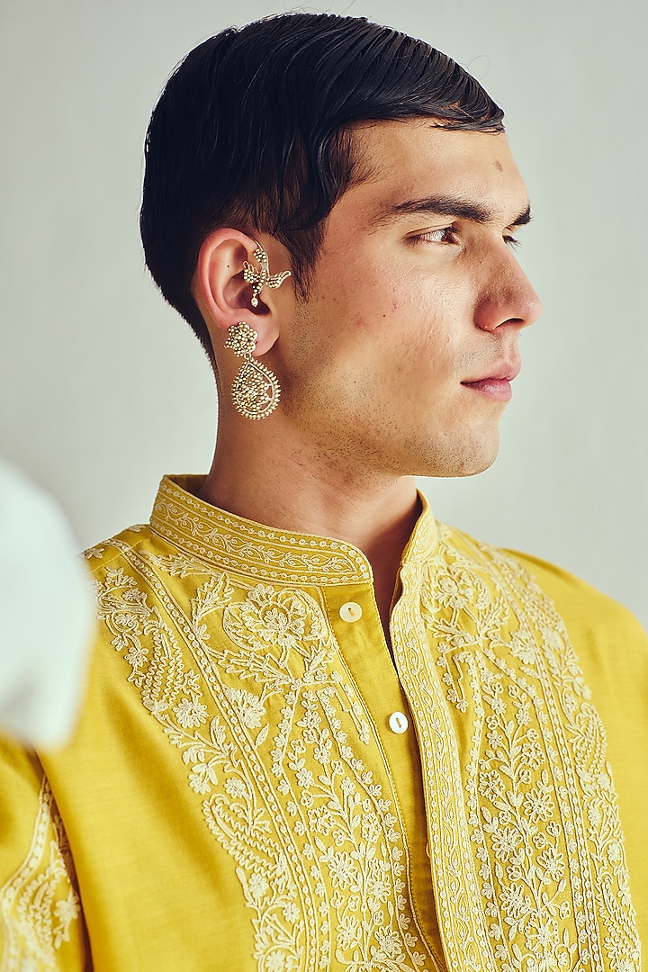Mustard Yellow Chanderi Dori Embroidered Handloom Kurta Set by Wabi Sabi Men at Pernia's Pop Up Shop