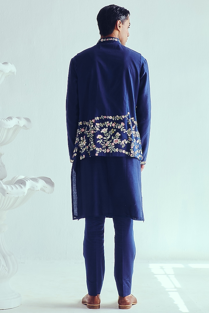 Indigo Chanderi Resham Embroidered Handloom Bundi Jacket Set by Wabi Sabi Men at Pernia's Pop Up Shop