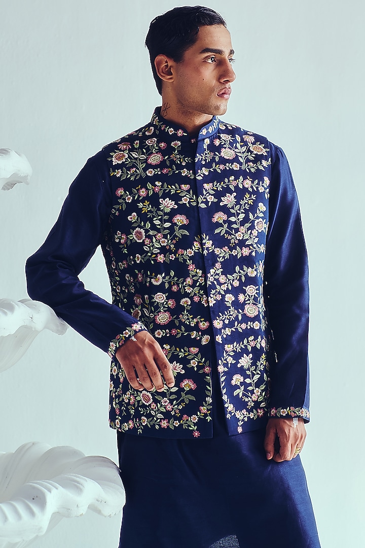 Indigo Chanderi Resham Embroidered Handloom Bundi Jacket Set by Wabi Sabi Men at Pernia's Pop Up Shop