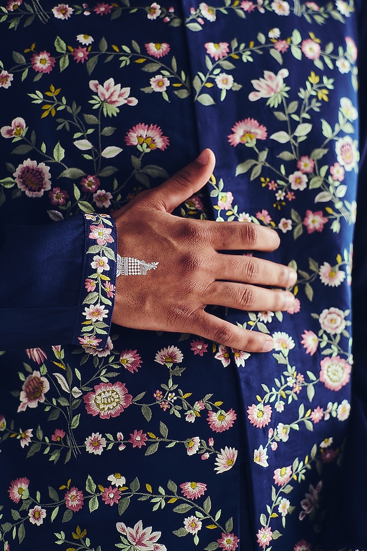 Indigo Chanderi Resham Embroidered Handloom Bundi Jacket Set by Wabi Sabi Men at Pernia's Pop Up Shop