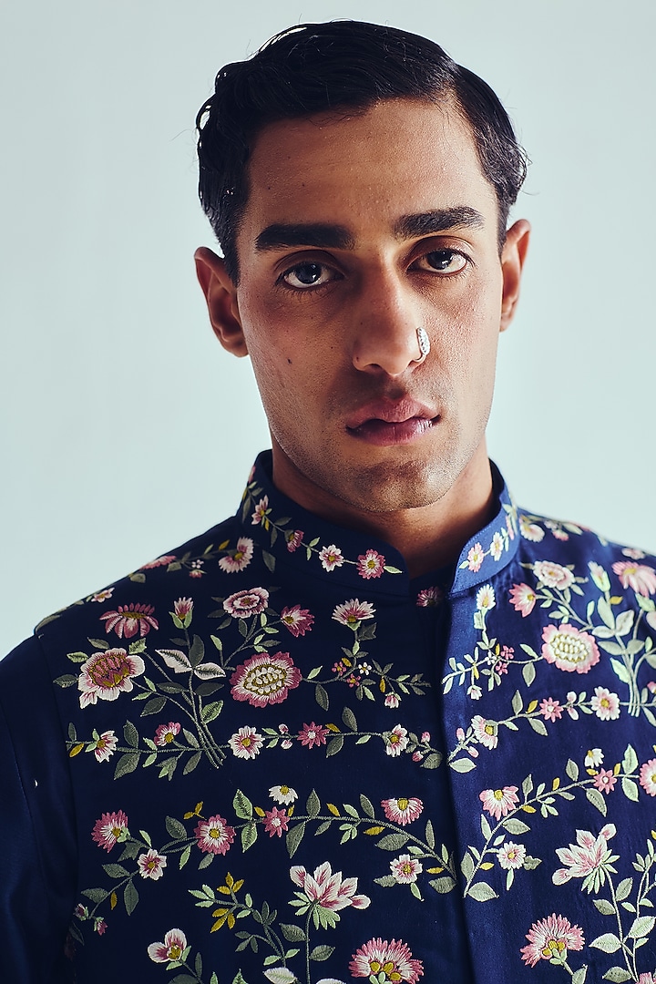 Indigo Chanderi Resham Embroidered Handloom Bundi Jacket Set by Wabi Sabi Men at Pernia's Pop Up Shop