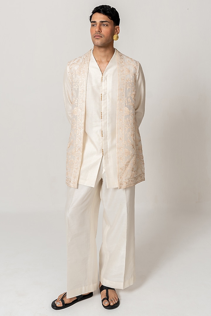 Ivory Organza Silk Aari Embroidered Jacket Set by Wabi Sabi Men at Pernia's Pop Up Shop