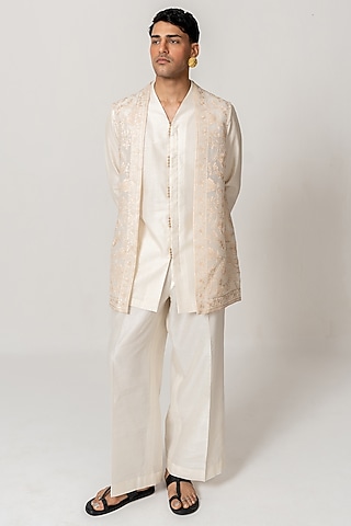 Ivory Organza Silk Aari Embroidered Jacket Set by Wabi Sabi Men