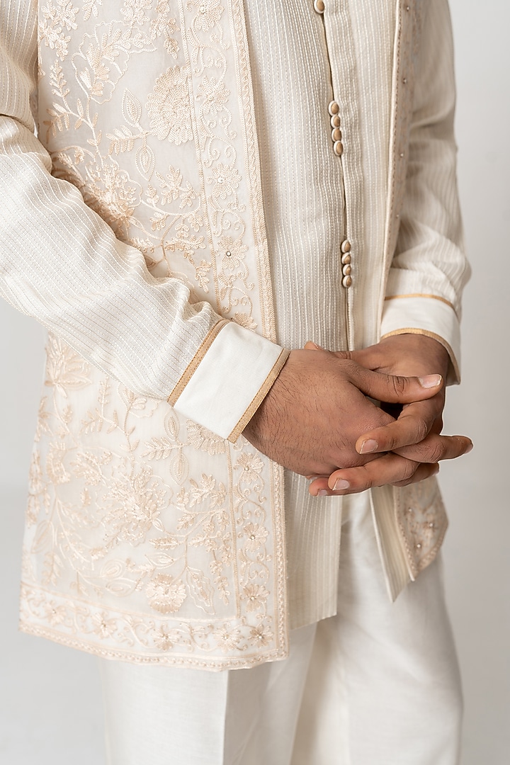 Ivory Organza Silk Aari Embroidered Jacket Set by Wabi Sabi Men at Pernia's Pop Up Shop