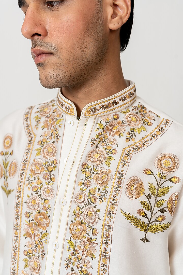 Ivory Chanderi Handloom Resham Embroidered Kurta Set by Wabi Sabi Men at Pernia's Pop Up Shop