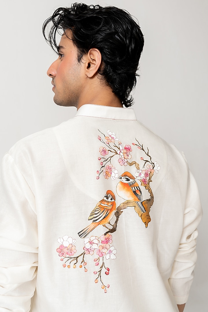 Ivory Chanderi Handloom Hand Painted Kurta Set by Wabi Sabi Men at Pernia's Pop Up Shop