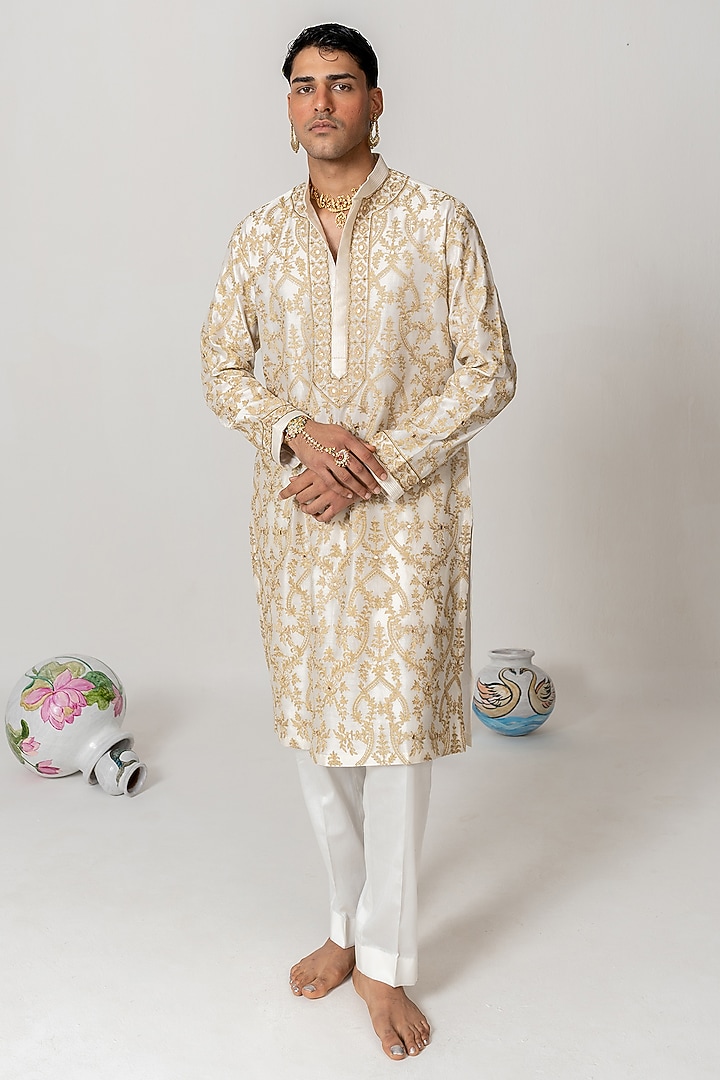 Ivory Chanderi Handloom Zari & Sequin Embroidered Kurta Set by Wabi Sabi Men at Pernia's Pop Up Shop