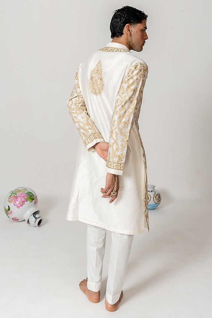 Ivory Chanderi Handloom Zari & Sequin Embroidered Kurta Set by Wabi Sabi Men at Pernia's Pop Up Shop