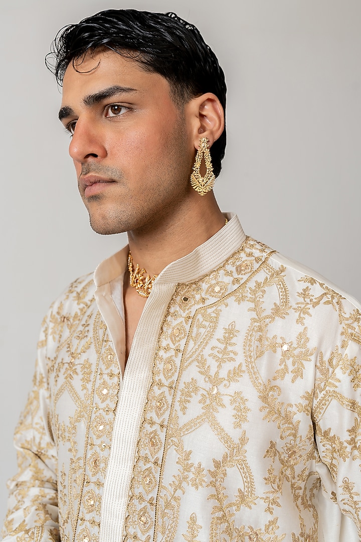 Ivory Chanderi Handloom Zari & Sequin Embroidered Kurta Set by Wabi Sabi Men at Pernia's Pop Up Shop