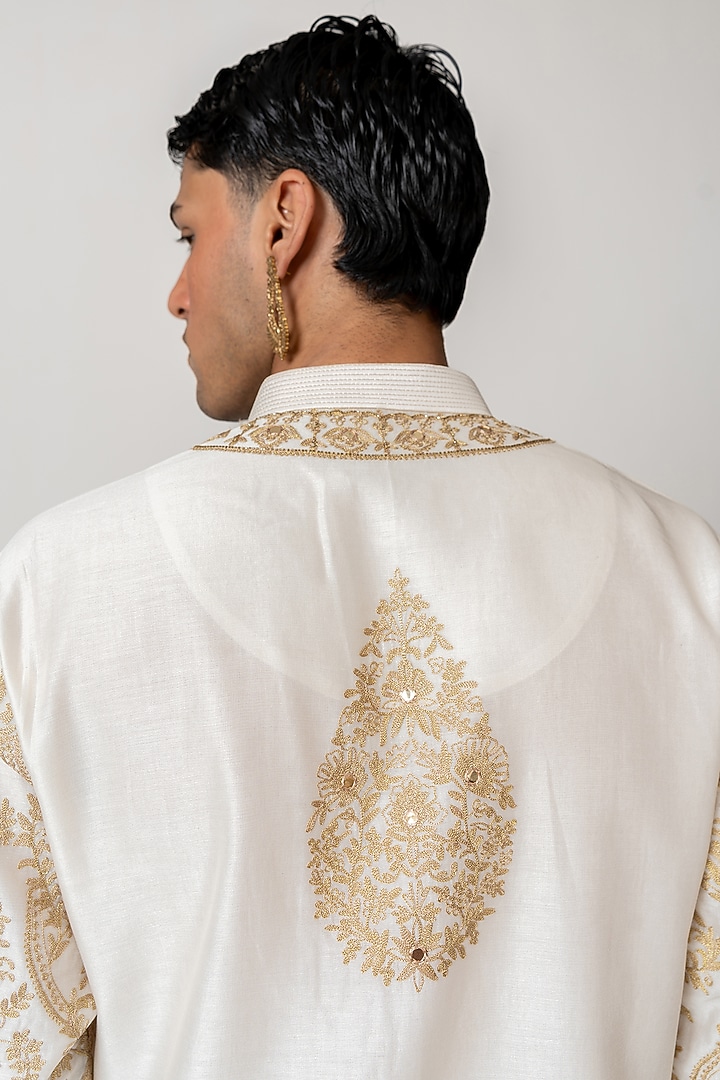 Ivory Chanderi Handloom Zari & Sequin Embroidered Kurta Set by Wabi Sabi Men at Pernia's Pop Up Shop