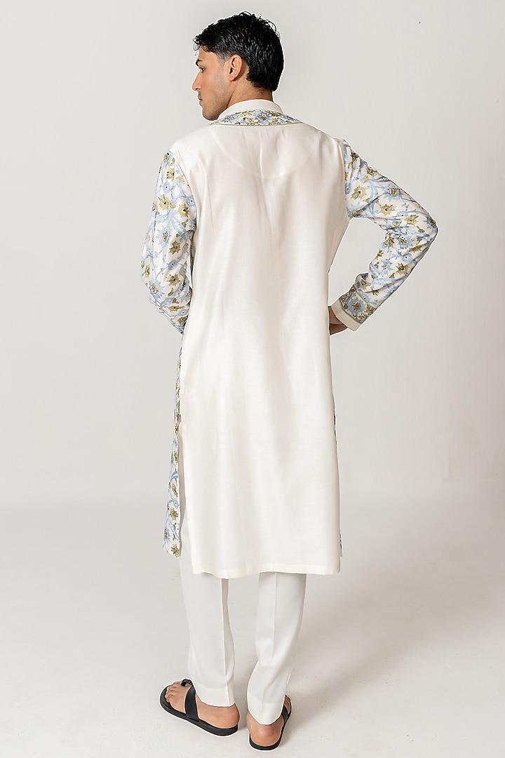 Ivory Chanderi Handloom Aari Embroidered Kurta Set by Wabi Sabi Men at Pernia's Pop Up Shop