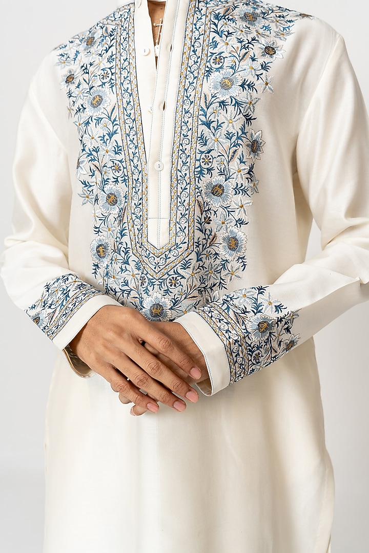 Ivory Chanderi Handloom Resham Embroidered Kurta Set by Wabi Sabi Men at Pernia's Pop Up Shop