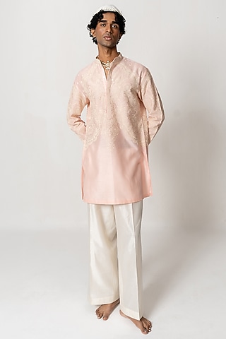 Peach Blush Chanderi Handloom Embroidered Short Kurta Set by Wabi Sabi Men