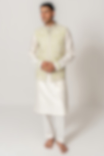 Soft Mint Chanderi Handloom Marodi Embroidered Bundi Jacket Set by Wabi Sabi Men at Pernia's Pop Up Shop
