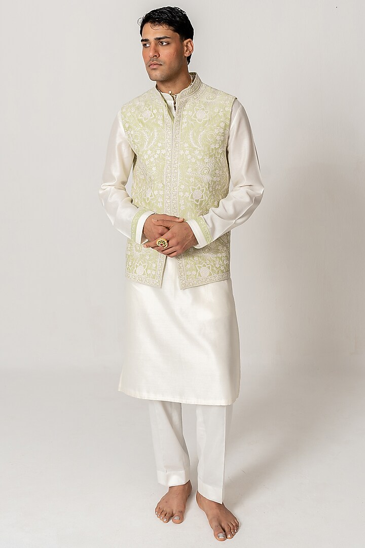 Soft Mint Chanderi Handloom Marodi Embroidered Bundi Jacket Set by Wabi Sabi Men at Pernia's Pop Up Shop