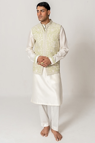 Soft Mint Chanderi Handloom Marodi Embroidered Bundi Jacket Set by Wabi Sabi Men