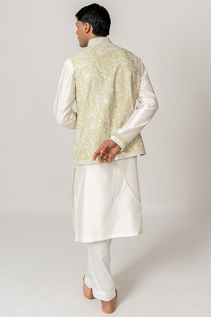 Soft Mint Chanderi Handloom Marodi Embroidered Bundi Jacket Set by Wabi Sabi Men at Pernia's Pop Up Shop