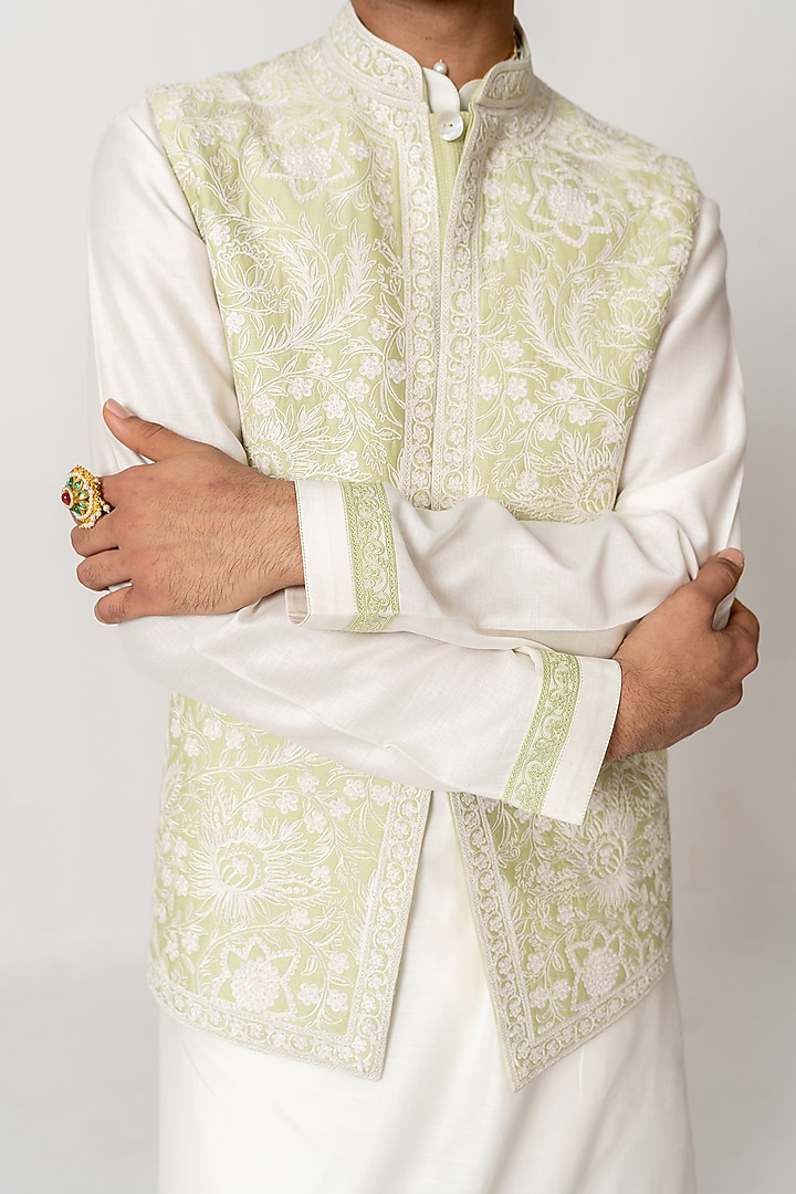 Soft Mint Chanderi Handloom Marodi Embroidered Bundi Jacket Set by Wabi Sabi Men at Pernia's Pop Up Shop