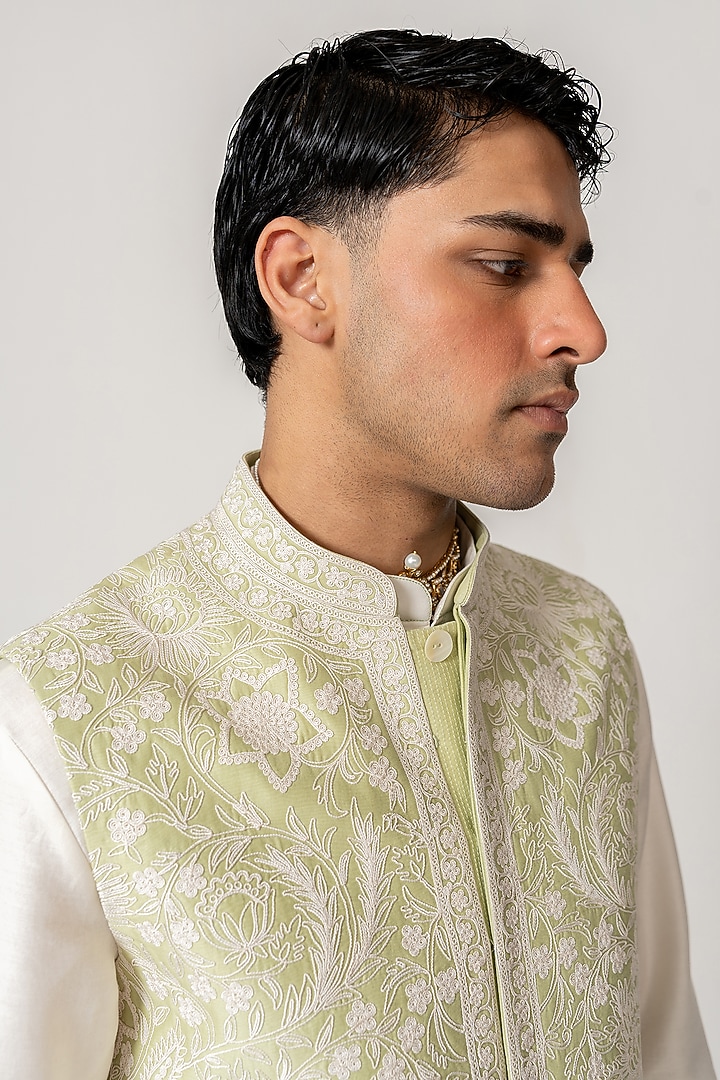 Soft Mint Chanderi Handloom Marodi Embroidered Bundi Jacket Set by Wabi Sabi Men at Pernia's Pop Up Shop