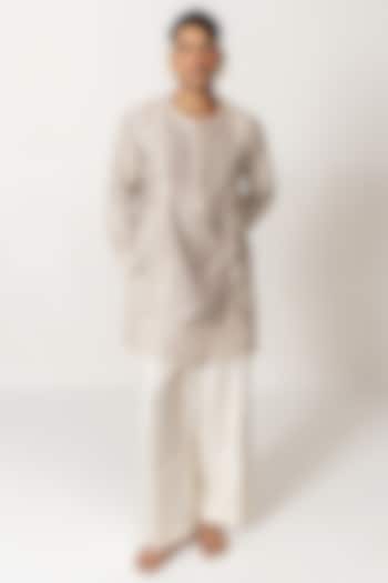 Dove Grey Chanderi Dori Embroidered Short Kurta Set by Wabi Sabi Men at Pernia's Pop Up Shop