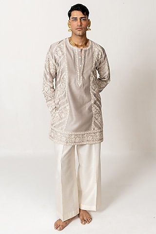 Dove Grey Chanderi Dori Embroidered Short Kurta Set by Wabi Sabi Men