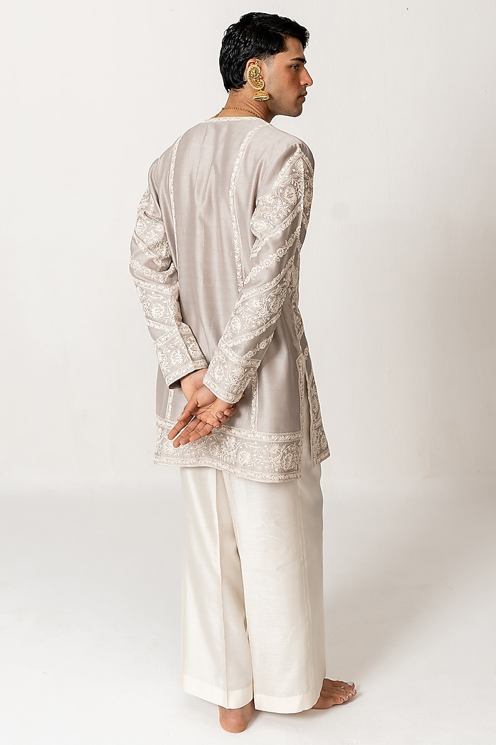 Dove Grey Chanderi Dori Embroidered Short Kurta Set by Wabi Sabi Men at Pernia's Pop Up Shop