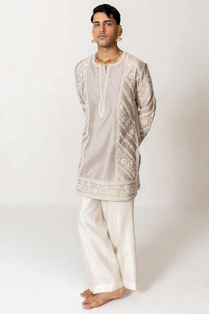 Dove Grey Chanderi Dori Embroidered Short Kurta Set by Wabi Sabi Men at Pernia's Pop Up Shop