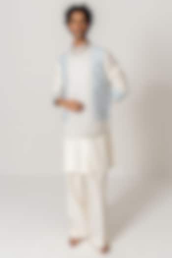 Mist Blue Chanderi Marodi Embroidered Bundi Jacket Set by Wabi Sabi Men at Pernia's Pop Up Shop