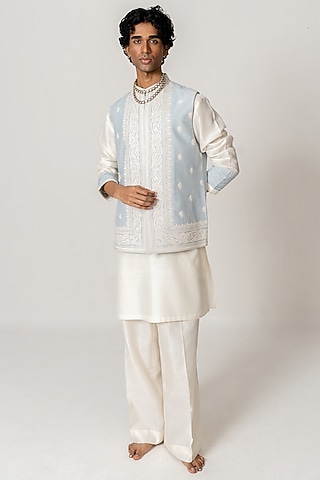Mist Blue Chanderi Marodi Embroidered Bundi Jacket Set by Wabi Sabi Men
