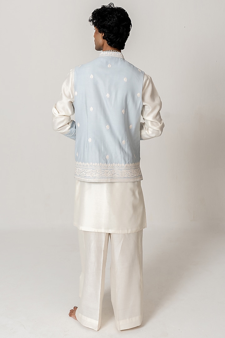 Mist Blue Chanderi Marodi Embroidered Bundi Jacket Set by Wabi Sabi Men at Pernia's Pop Up Shop
