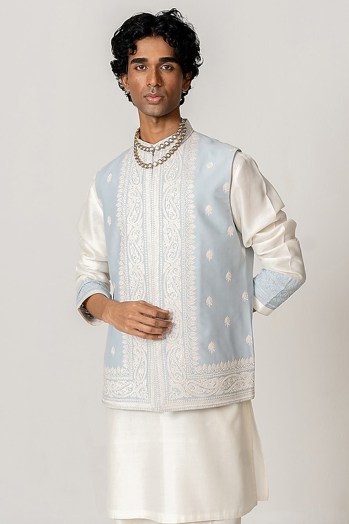 Mist Blue Chanderi Marodi Embroidered Bundi Jacket Set by Wabi Sabi Men at Pernia's Pop Up Shop