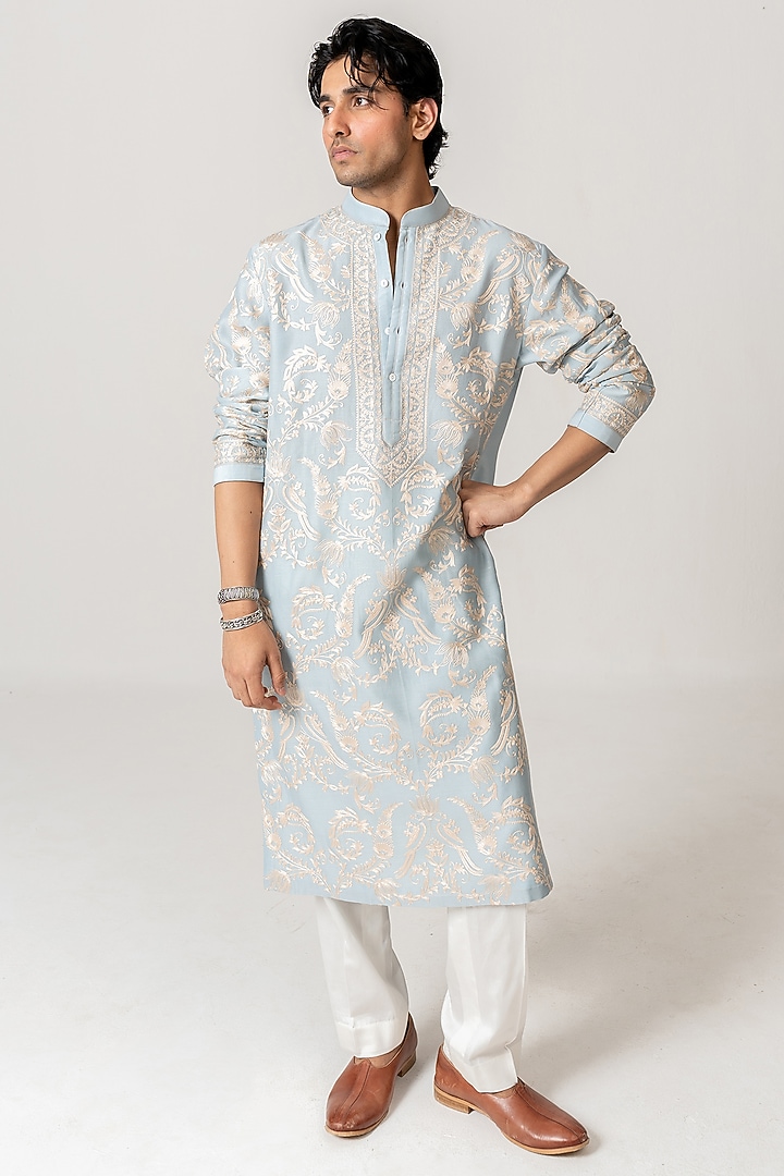 Powder Blue Chanderi Aari Embroidered Handloom Kurta Set by Wabi Sabi Men at Pernia's Pop Up Shop