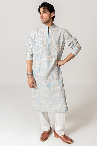 Powder Blue Chanderi Aari Embroidered Handloom Kurta Set by Wabi Sabi Men