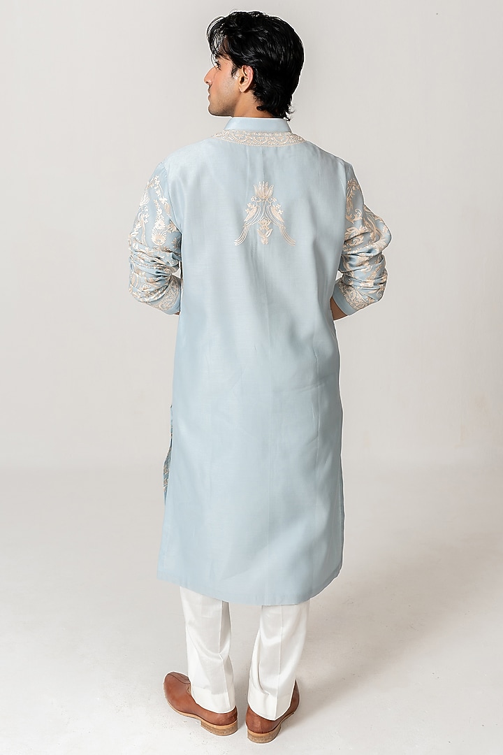 Powder Blue Chanderi Aari Embroidered Handloom Kurta Set by Wabi Sabi Men at Pernia's Pop Up Shop