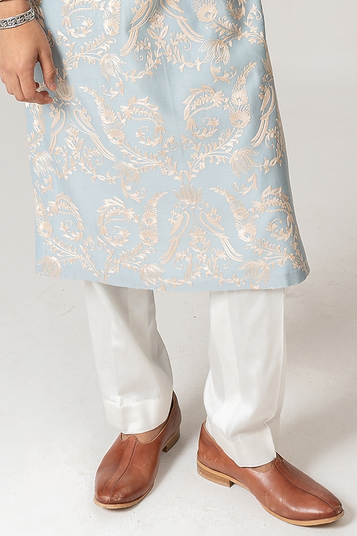 Powder Blue Chanderi Aari Embroidered Handloom Kurta Set by Wabi Sabi Men at Pernia's Pop Up Shop