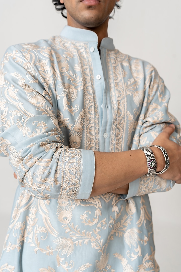 Powder Blue Chanderi Aari Embroidered Handloom Kurta Set by Wabi Sabi Men at Pernia's Pop Up Shop