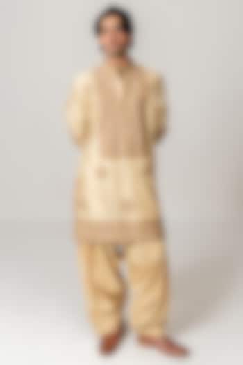 Warm Beige Chanderi Aari Embroidered Handloom Short Kurta Set by Wabi Sabi Men at Pernia's Pop Up Shop
