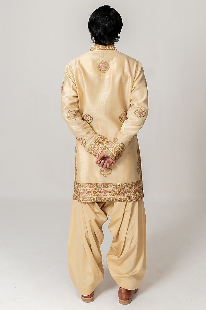 Warm Beige Chanderi Aari Embroidered Handloom Short Kurta Set by Wabi Sabi Men at Pernia's Pop Up Shop