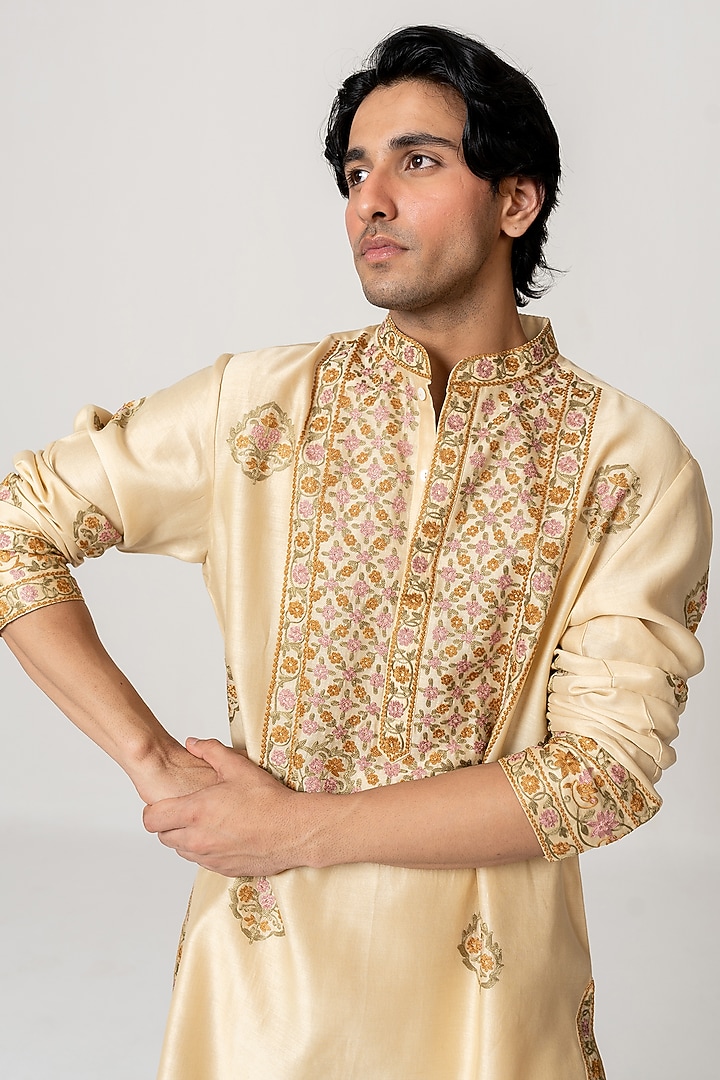 Warm Beige Chanderi Aari Embroidered Handloom Short Kurta Set by Wabi Sabi Men at Pernia's Pop Up Shop