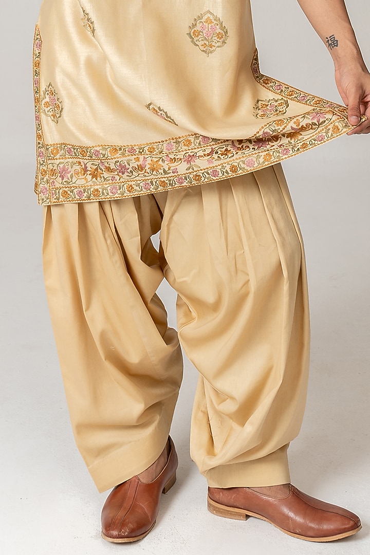 Warm Beige Chanderi Aari Embroidered Handloom Short Kurta Set by Wabi Sabi Men at Pernia's Pop Up Shop